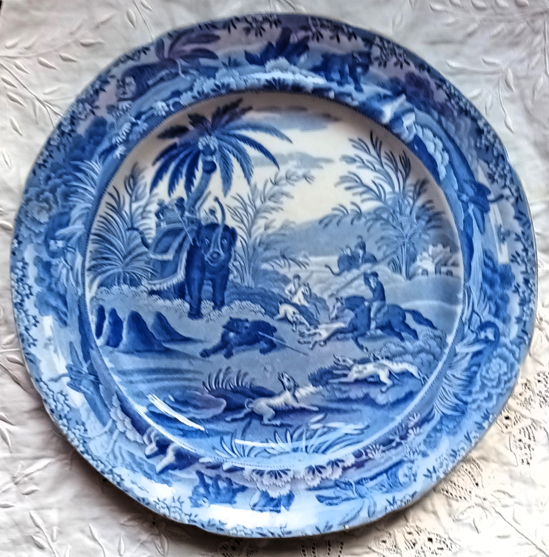 Antique English Georgian Blue and White Transfer Plate ~ "Death of the Bear" ~ Spode
